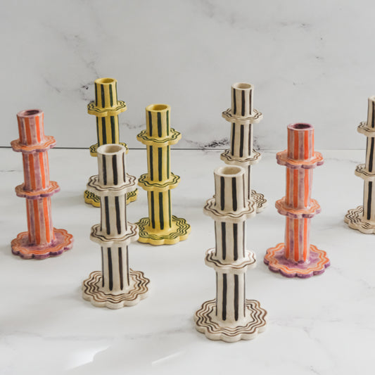 Coffee and Cream Scalloped Stripe Candlestick Holder | Set of 2