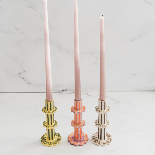 Lemon and Lime Scalloped Stripe Candlestick Holder | Set of 2