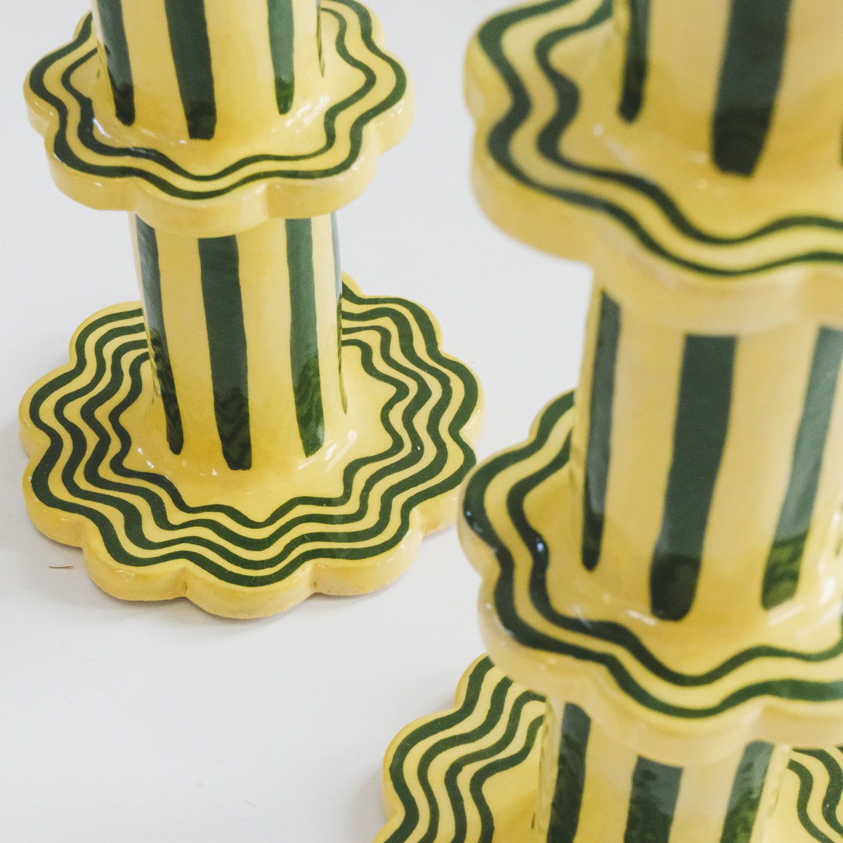 Lemon and Lime Scalloped Stripe Candlestick Holder | Set of 2