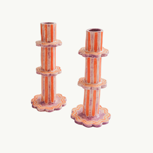 Sunset and Spritz Scalloped Stripe Candlestick Holder | Set of 2