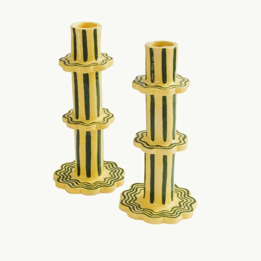 Lemon and Lime Scalloped Stripe Candlestick Holder | Set of 2