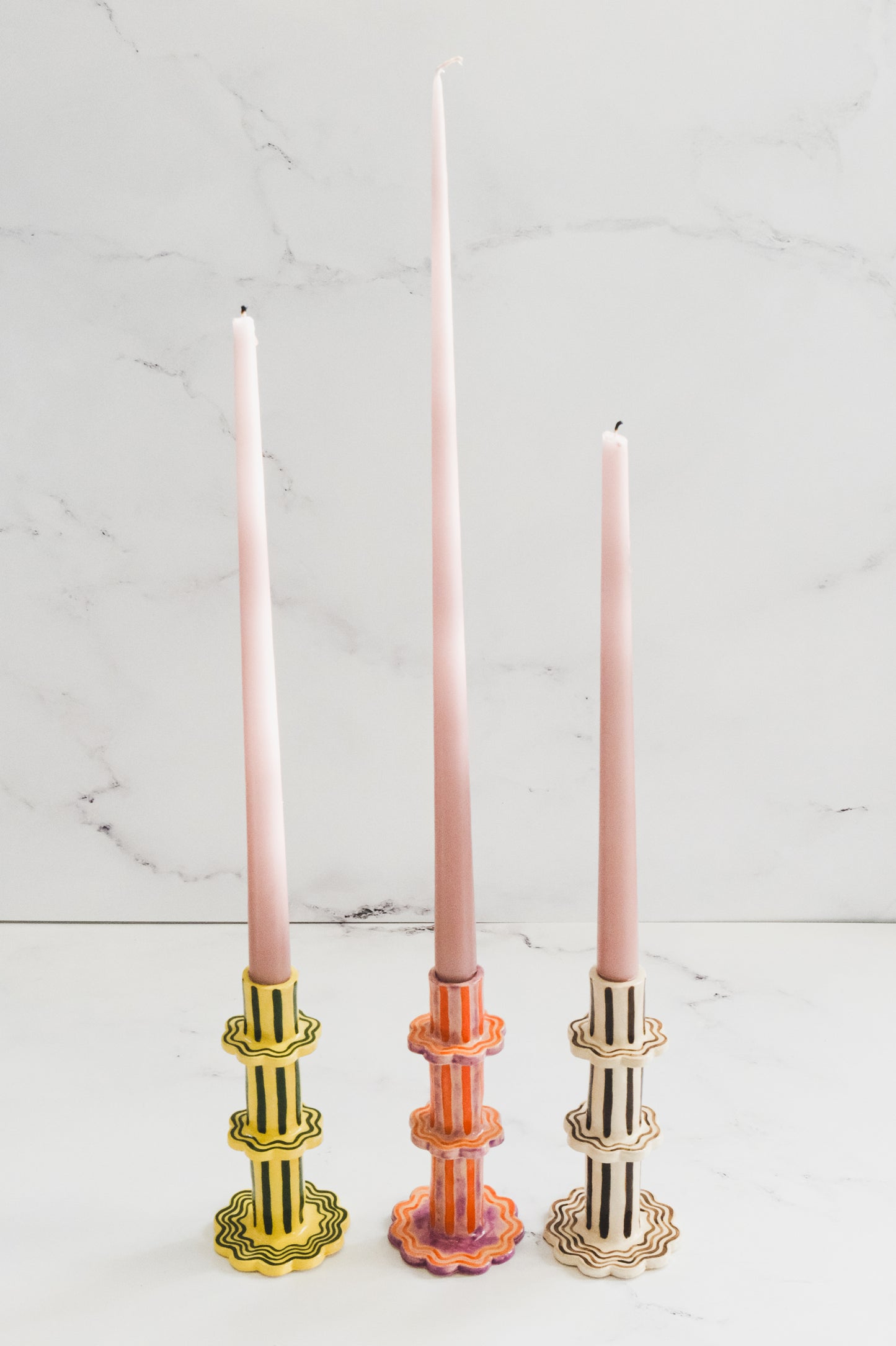 Sunset and Spritz Scalloped Stripe Candlestick Holder | Set of 2