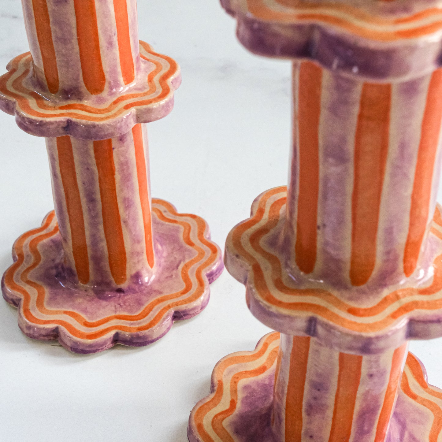 Sunset and Spritz Scalloped Stripe Candlestick Holder | Set of 2