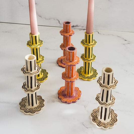 Sunset and Spritz Scalloped Stripe Candlestick Holder | Set of 2