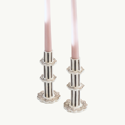 Coffee and Cream Scalloped Stripe Candlestick Holder | Set of 2