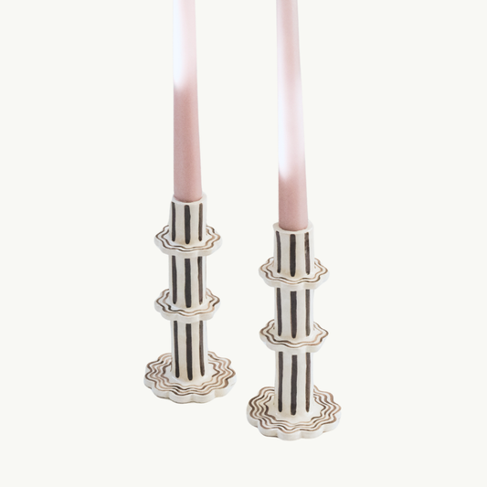 Coffee and Cream Scalloped Stripe Candlestick Holder | Set of 2